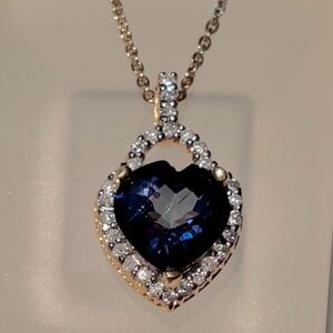 Sapphire Blue Topaz Heart Pendant 4 Carat Diamonds 18K Yellow Gold Vermeil